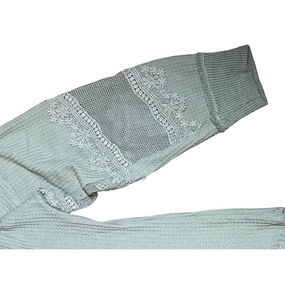 Daytrip Waffle Knit Top Blouse Long Sleeve V-Neck Lace Mesh Olive Green XL - Picture 3 of 4